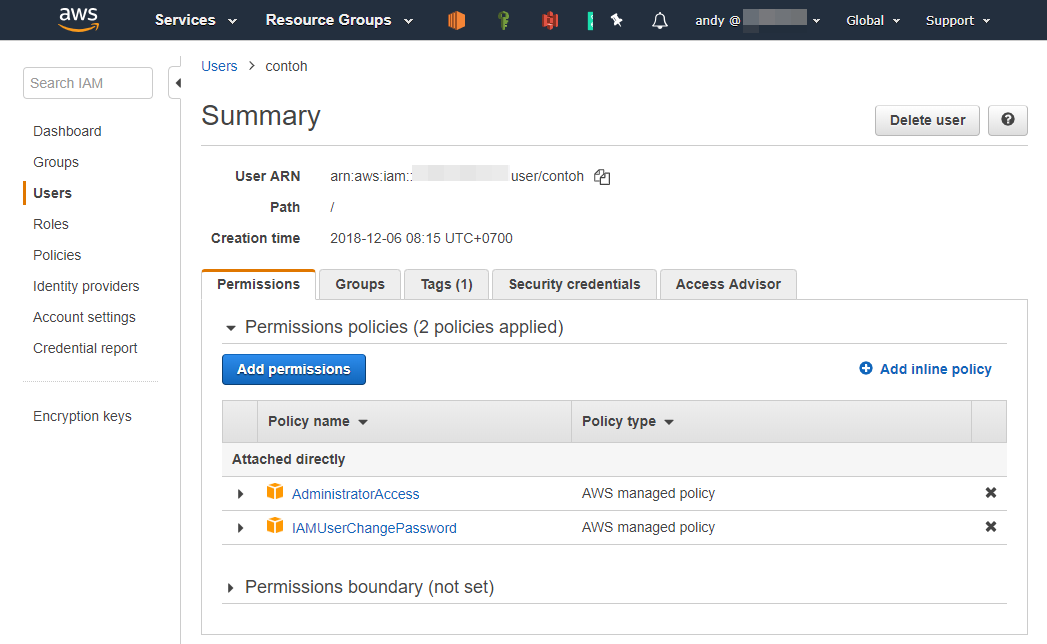 Tampilan tab Security Credentials untuk IAM User di AWS Console