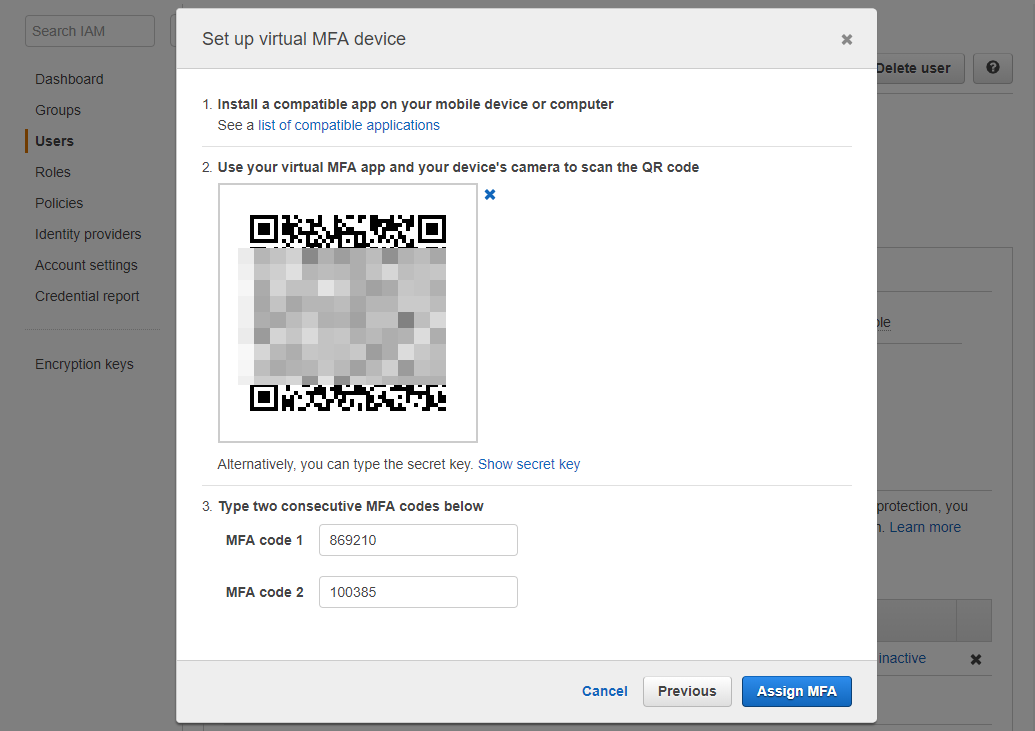 Dua MFA code sudah dimasukkan di form IAM User AWS