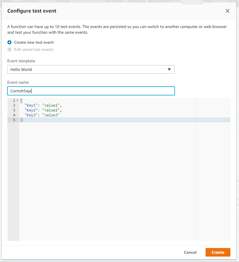 Event value untuk test AWS Lambda