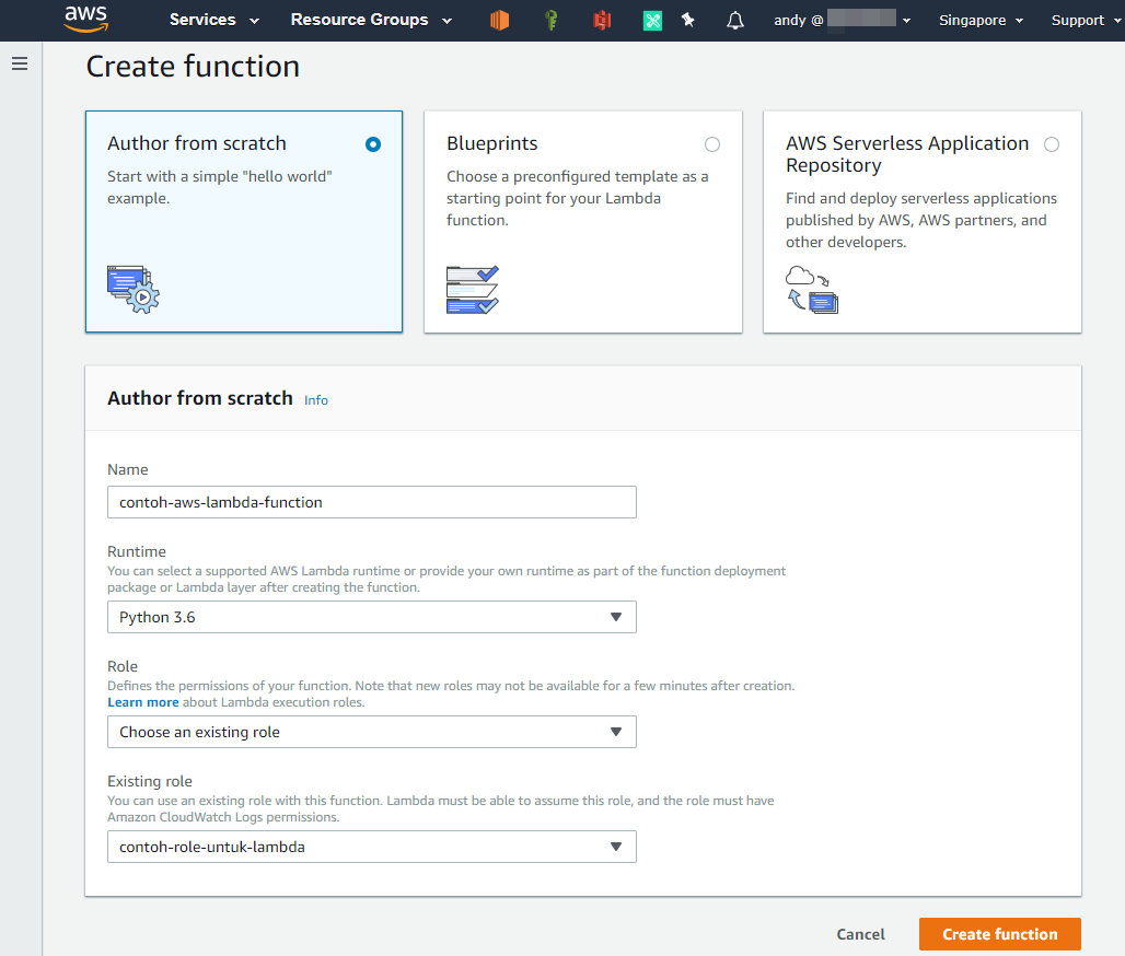 Form membuat AWS Lambda Function