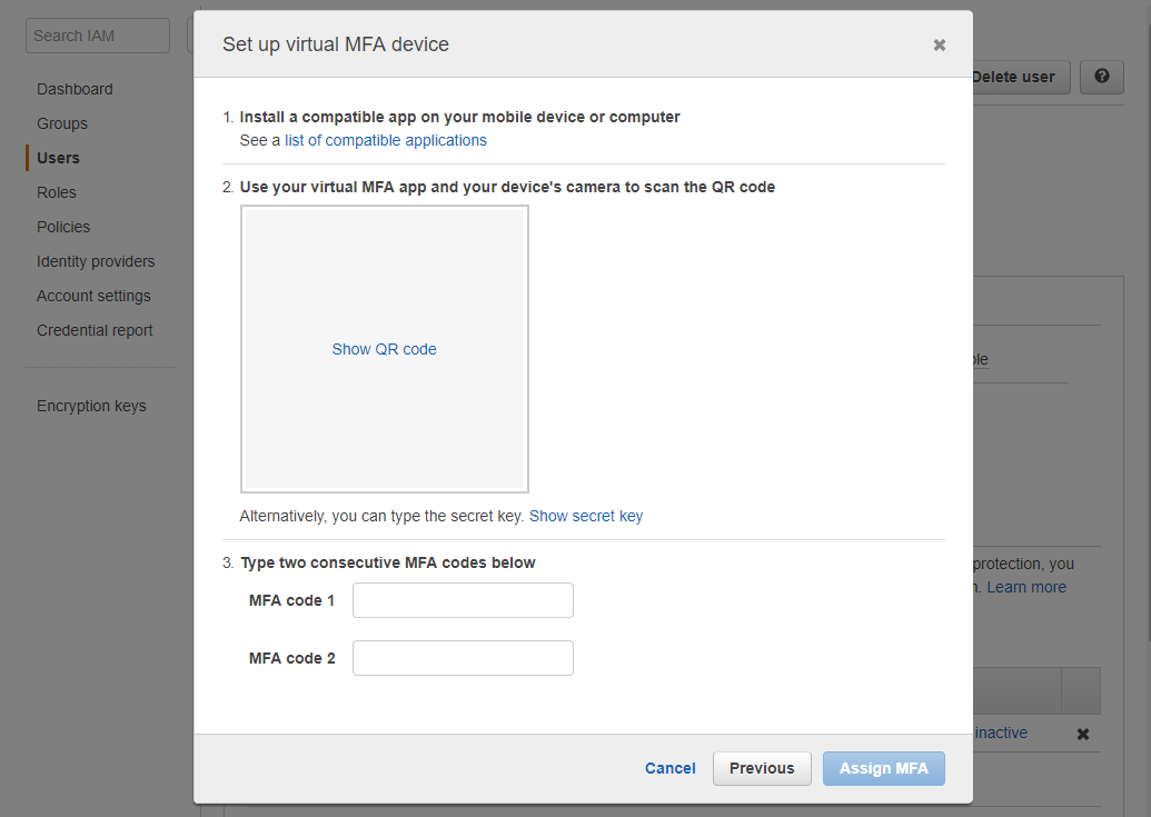 Form set up Virtual MFA device IAM User AWS