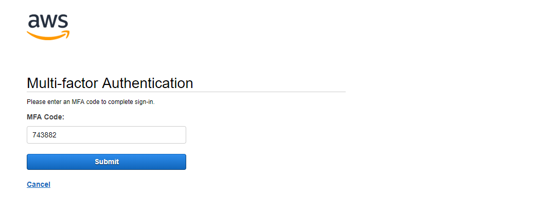 Halaman login AWS Console meminta Two Factor Auth Code