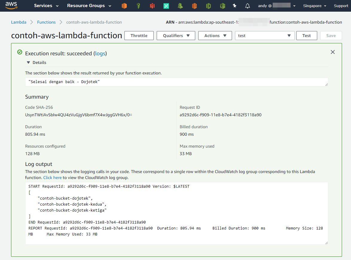 Hasil eksekusi AWS Lambda dengan IAM Role