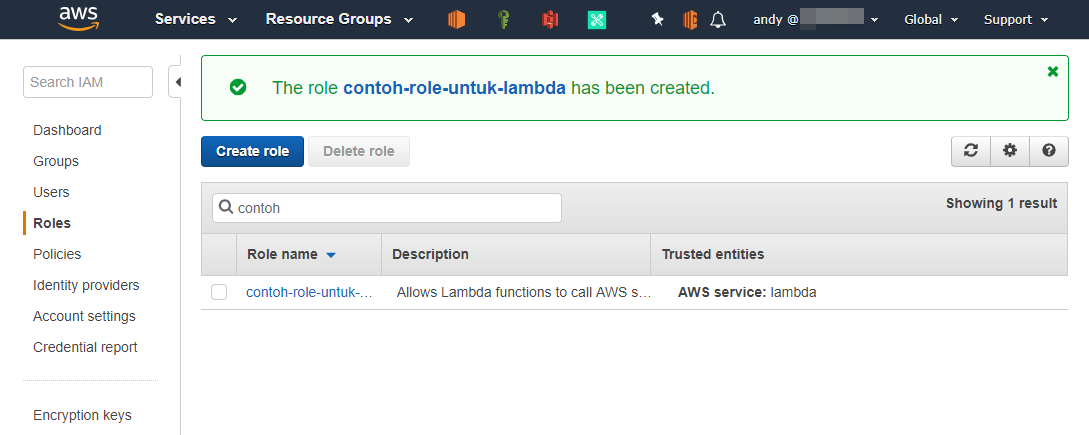 IAM role untuk Lambda sudah dibuat di AWS Console