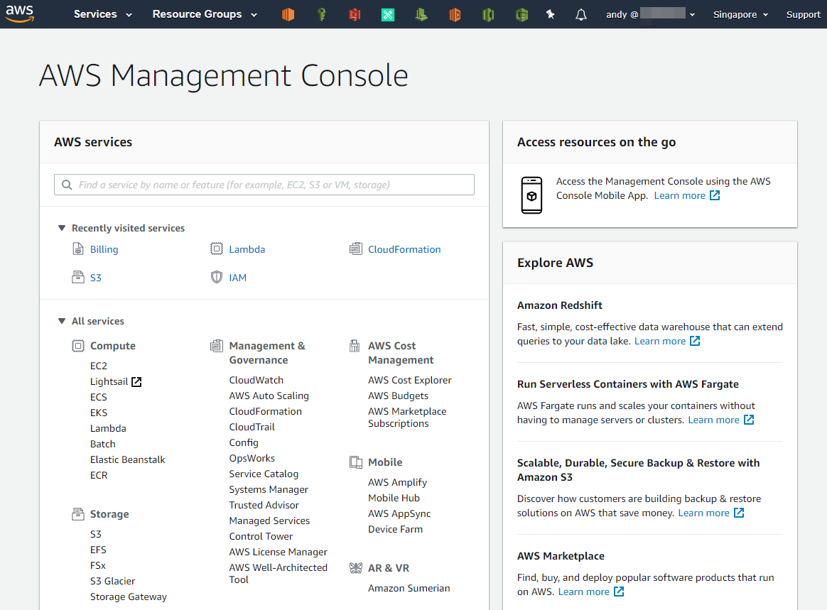 Landing page di AWS Console