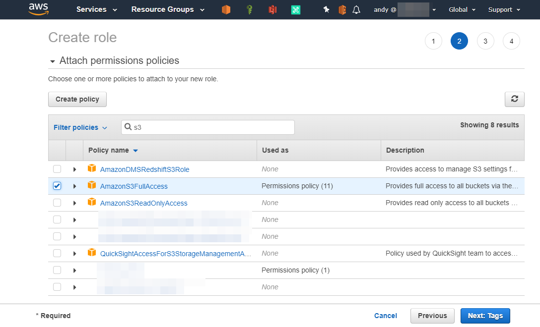 Langkah 2 - memilih policy untuk IAM Role di AWS Console