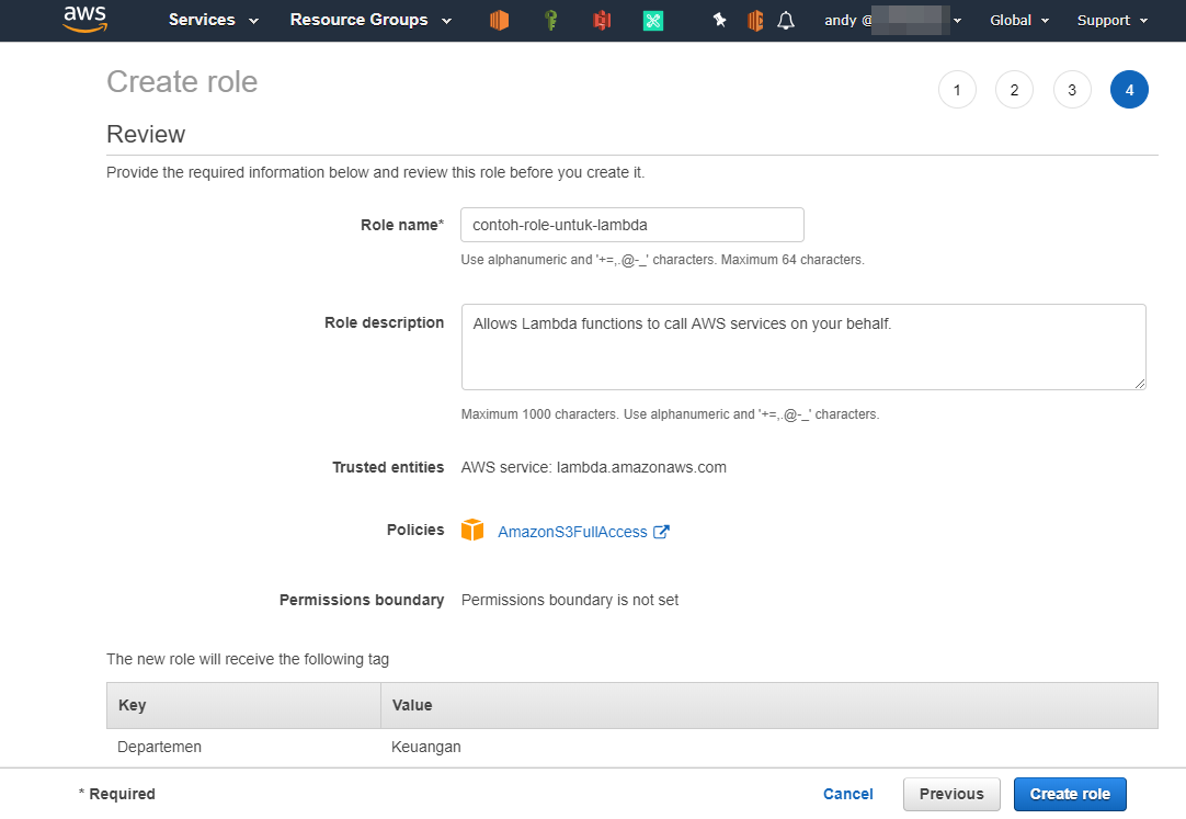 Langkah 4 - review pembuatan IAM Role di AWS Console