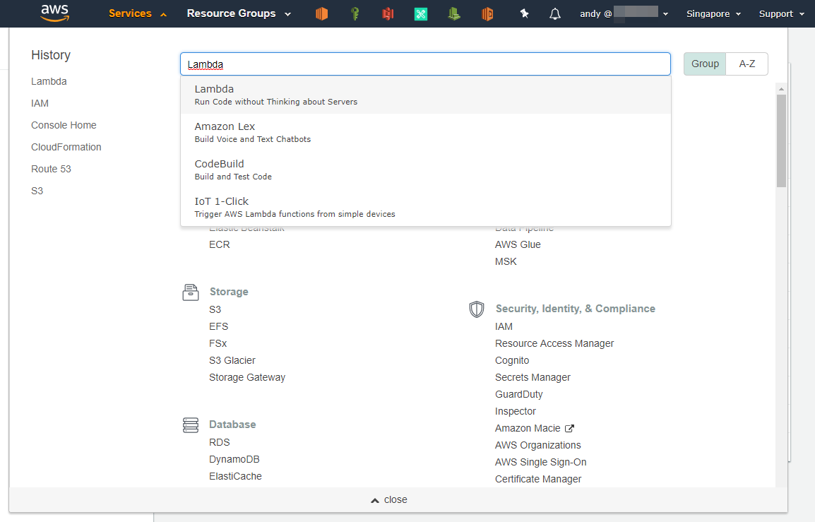 Memilih menu Lambda di AWS Console