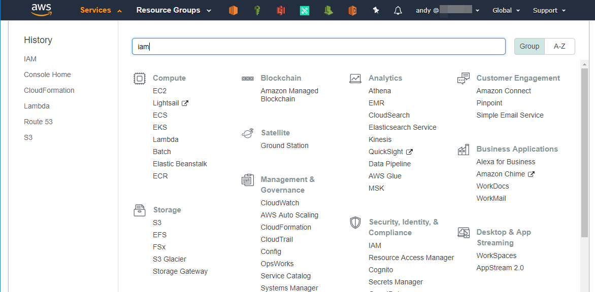 Mencari menu IAM di AWS Console