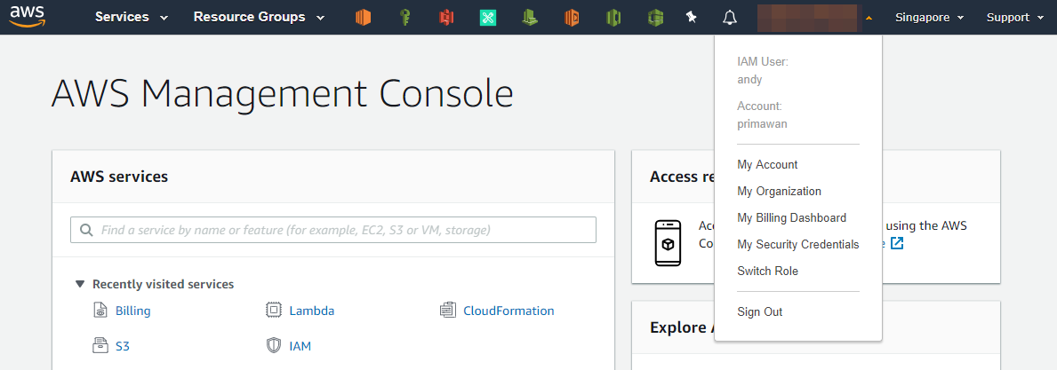 Menu menuju Billing and Cost Management Dashboard di AWS Console