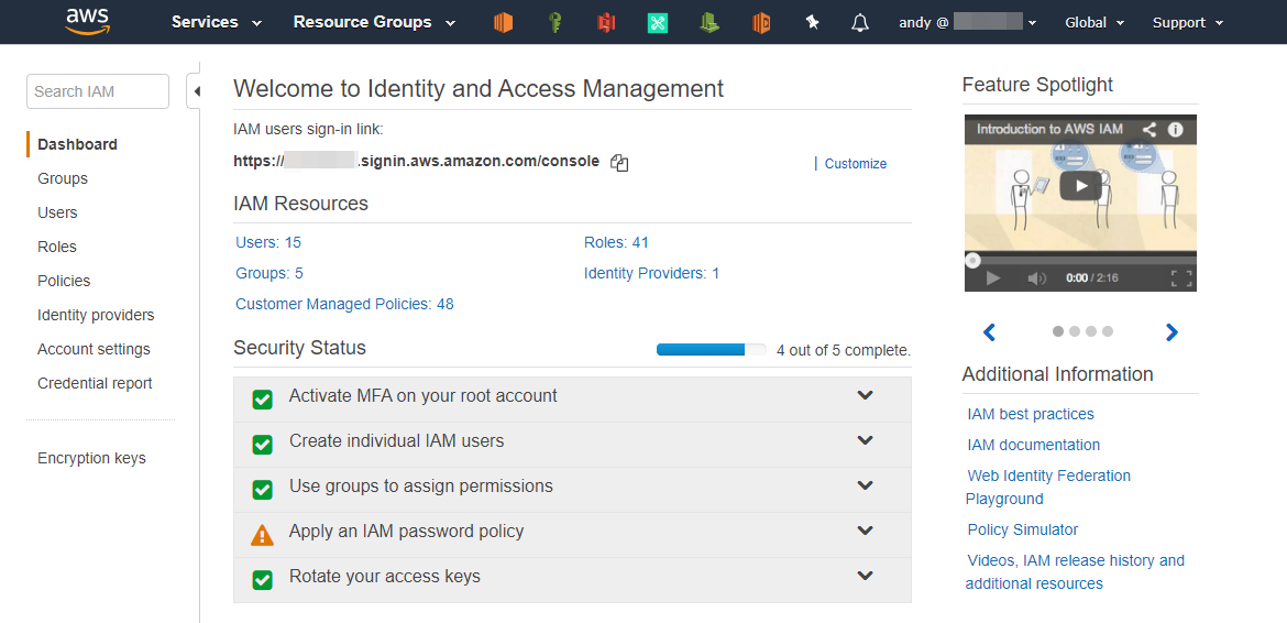 Dashboard Identity and Access Management di AWS Console