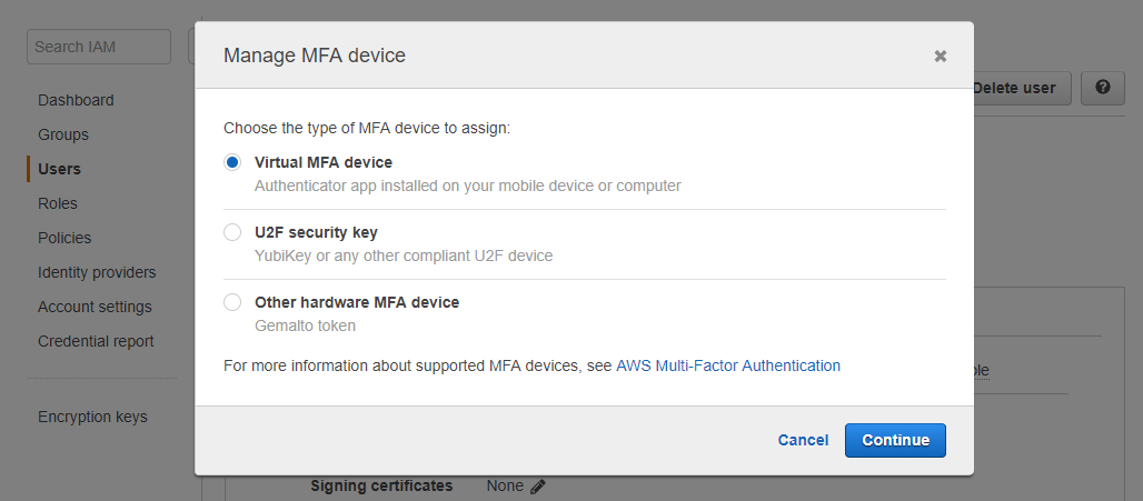 Popup manage MFA device IAM User AWS