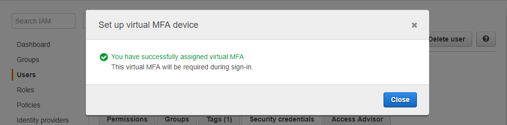 Virtual MFA sudah aktif untuk IAM User di AWS Console